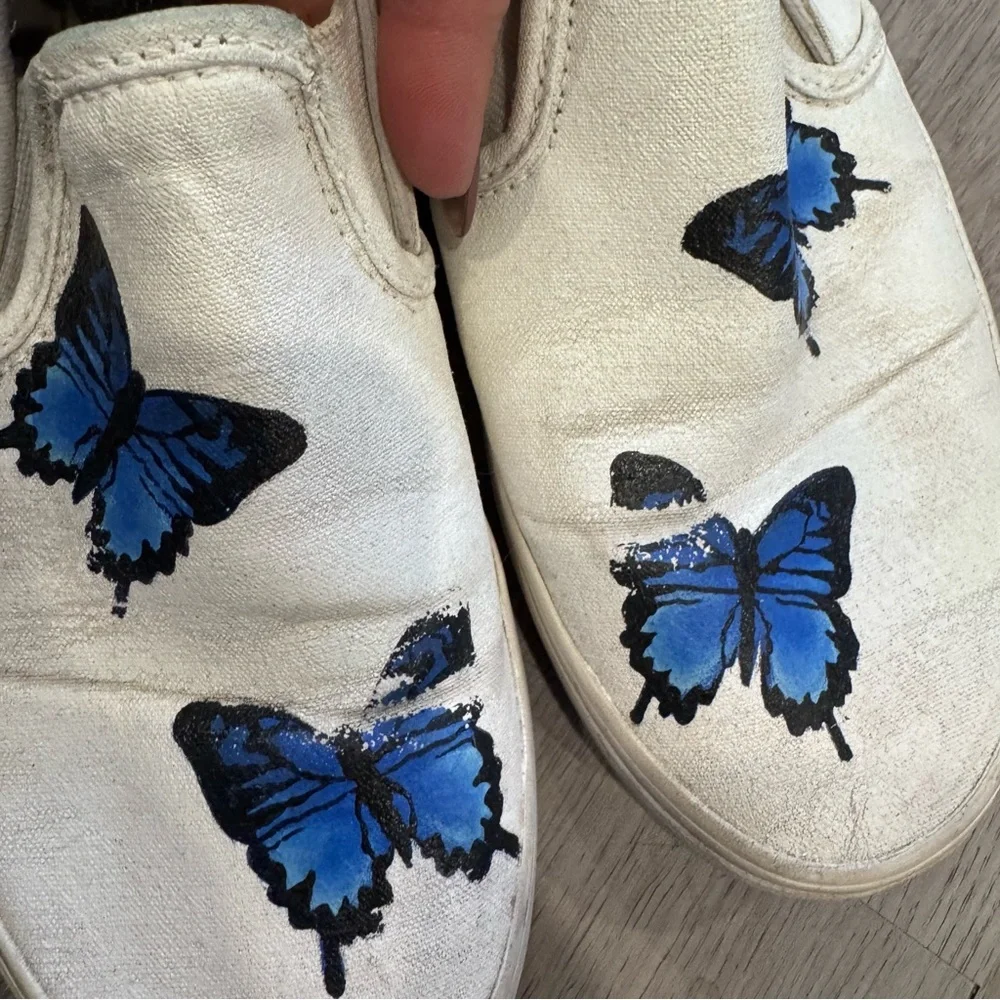 Blue Butterfly White Slip On Vans - Custom Painted Vans Shoes Youth Size 5